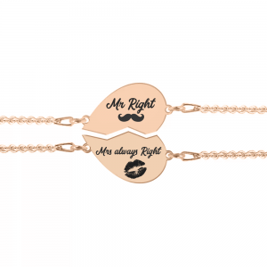 Set bratari argint cuplu inimioare 16 mm (2 bucati incluse) - personalizate cu text - placate cu aur roz